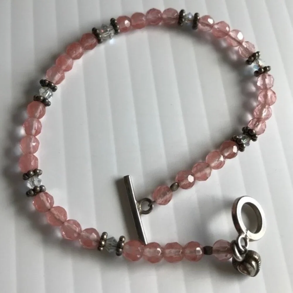 Vintage Handmade Strawberry Quartz Swarovski Crystal Sterling Silver Bracelet